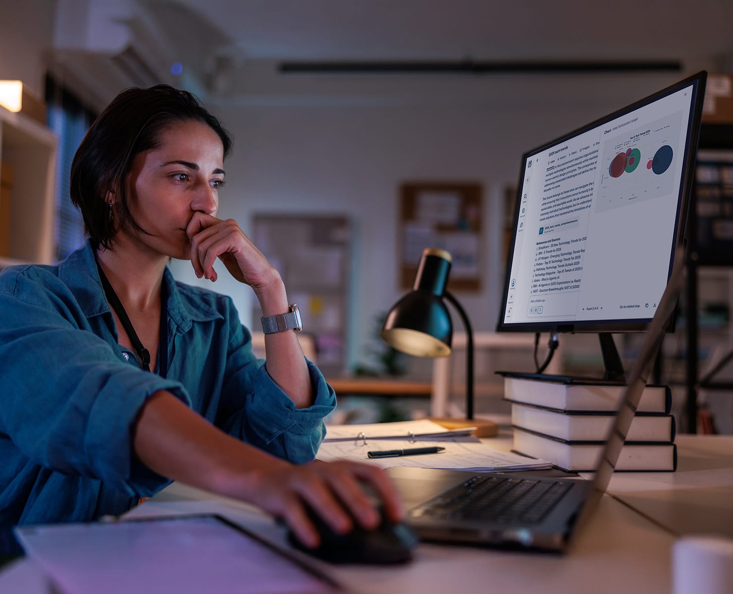 Split-screen showing a user typing “2025 tech trends” into Perplexity, with a clean, summarized output and charts on one side, and an auto-generated “Business Proposal Template” on the other.